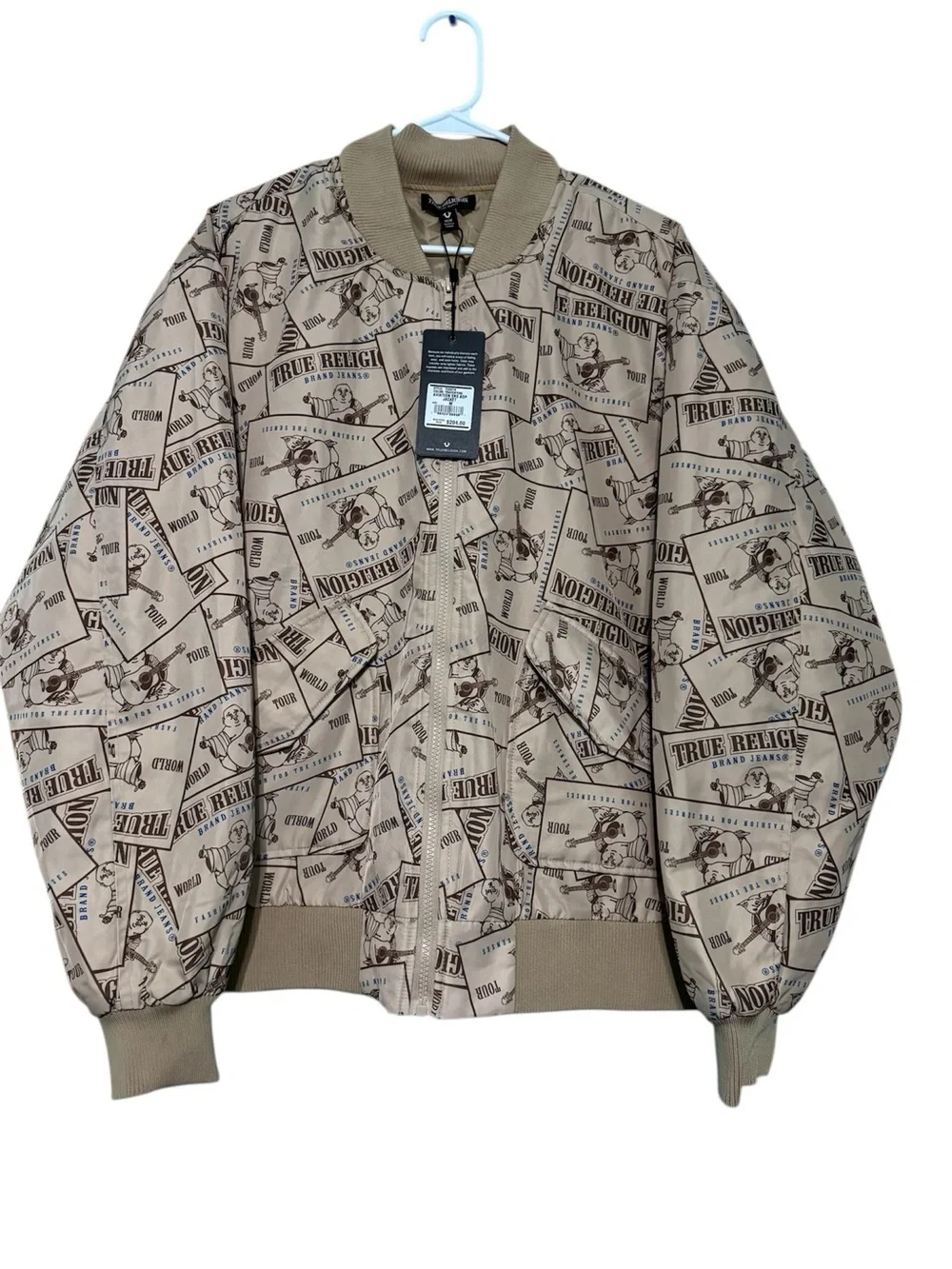 True Religion Aviator SRS AOP Bomber Jacket Men’s Size M Beige All Over Prin